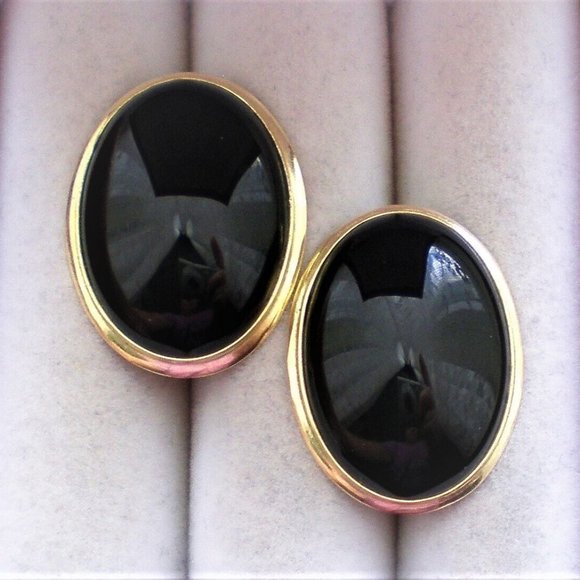 Vintage Large 14K 585 Yellow Gold Bezel Set Black Onyx Omega Back Earrings 11.7g